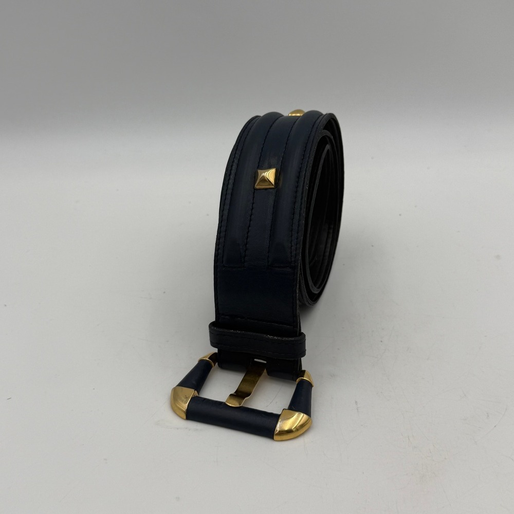 Vintage Omega Navy Leather Studded Belt Gold Hardware Made in USA Size Large